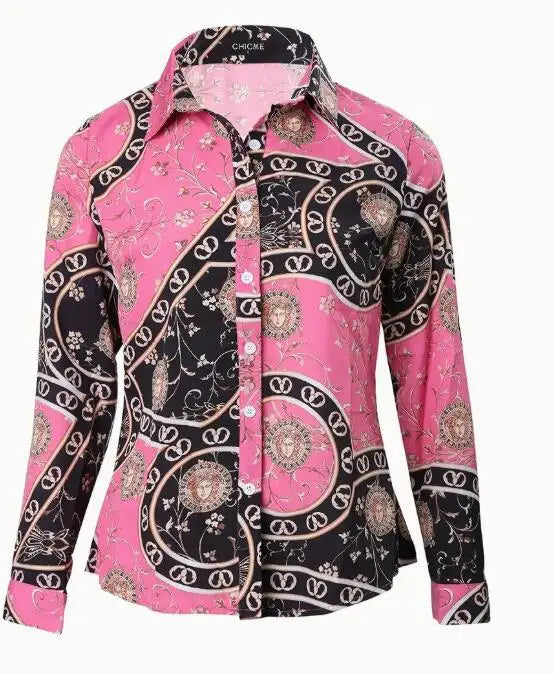 Women's Color Block Chain Print Button Shirt   Stylish and Comfortable Long Sleeve Top for Spring and Fall