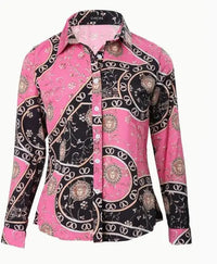 Women's Color Block Chain Print Button Shirt   Stylish and Comfortable Long Sleeve Top for Spring and Fall