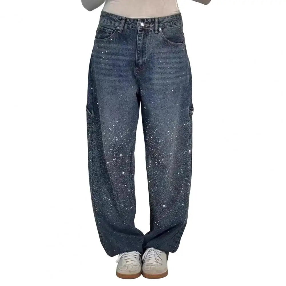 Women's Sparkly Harem Jeans High Waisted Baggy Wide Leg Bling Jeans Casual Straight Leg Denim Pants for Streetwear