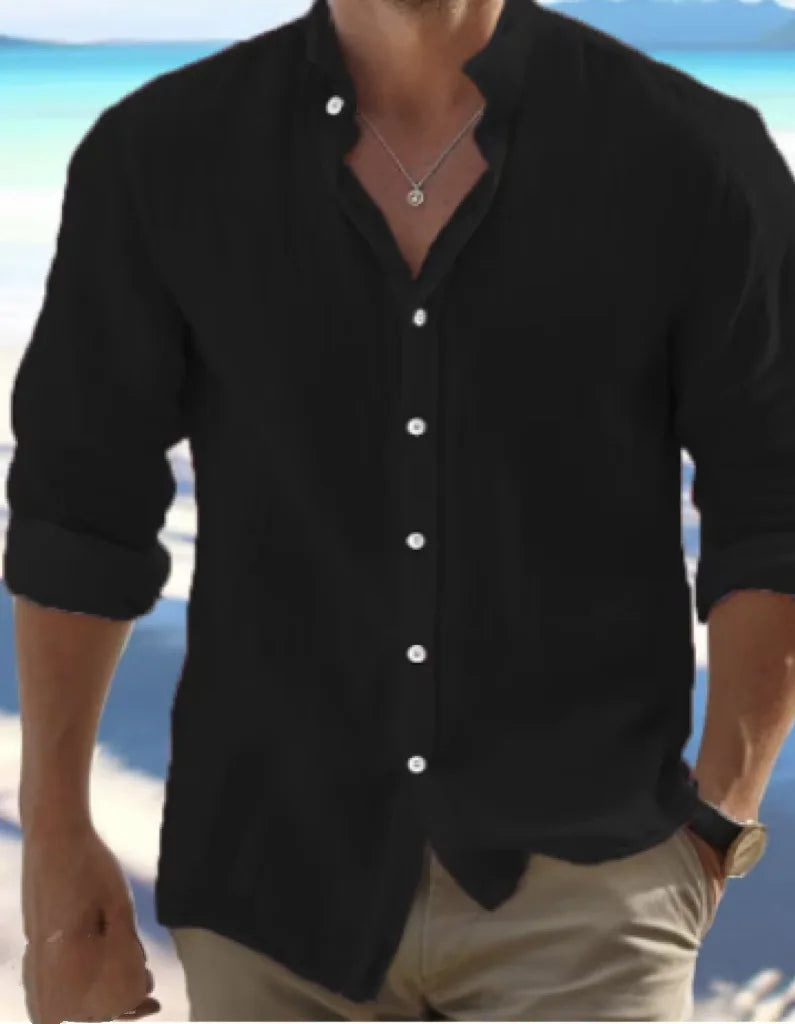 Men's Linen Button-down Shirt for Men Summer Beach Shirt Long Sleeves Plain Stand-up Collar, Spring/summer Casual Everyday Wear