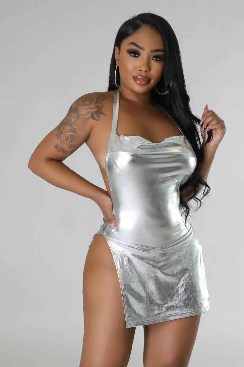GUWU Shiny Metallic Party Night Club Mini Dress Women Clothing Halter Backless Double Side Split Sexy Hollow Out Short Dresses