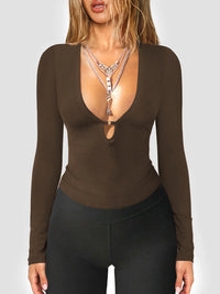 2025 Autumn/Winter Deep V-neck Hollow Y2K Hot Girl Long Sleeve Top Sexy Slimming Knitted Shirt Hot Selling