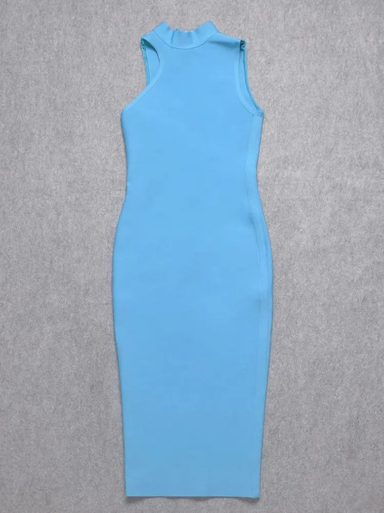 HQBORY High Quality Asymetrical Blue Bandage Dress Midi 2023 For Women High Neck Slim Tight Office Lady Dress Bodycon Celebrity