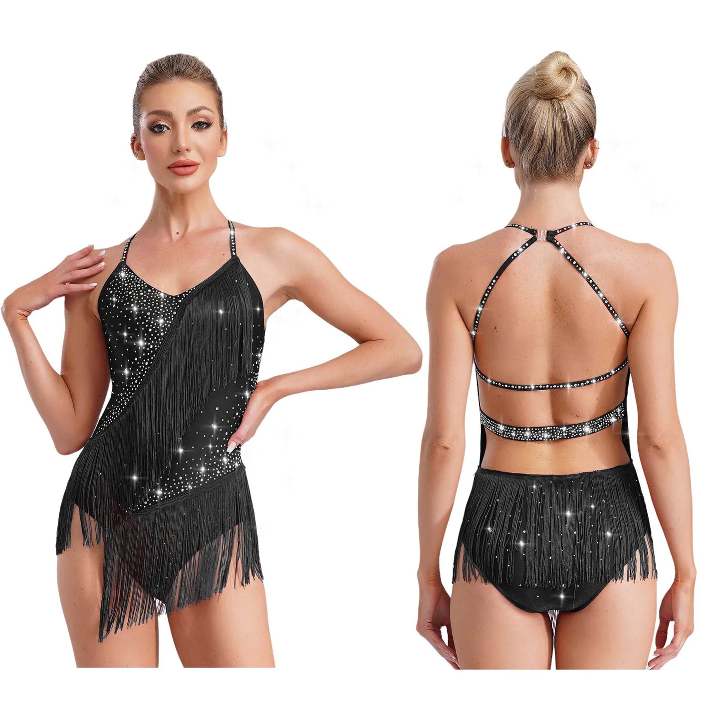 Women Latin Dance Leotard Sleeveless Halter Neck Rhinestones Adorned Backless Tassels Leotard for Performance Competition