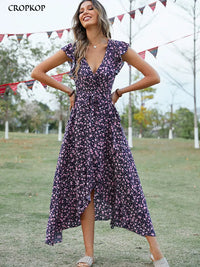 Summer Elegant Floral Long Dress Women Casual Bandage Irregular Slit Boho Beach Dress Fashion Green V Neck New In Dresses 2023