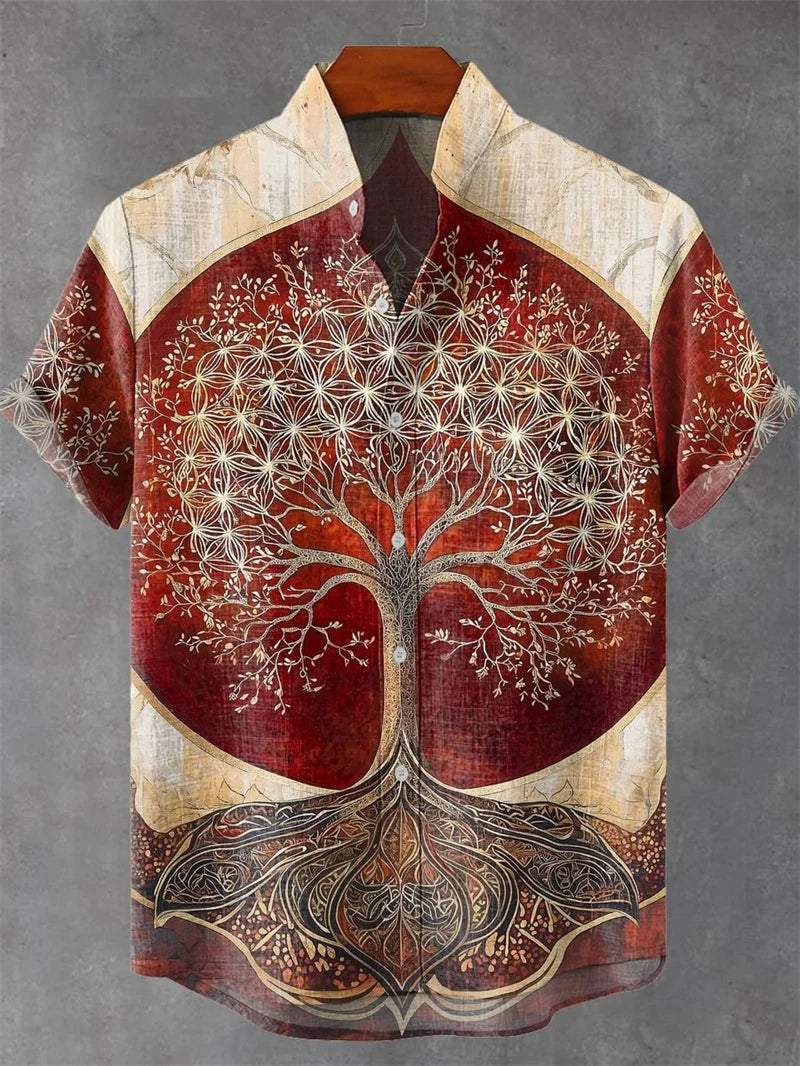 Men's Short Sleeve Shirt Vintage Ethnic Style Sunlight and Tree Illustration Art Snake Print Casual Linen Shirt