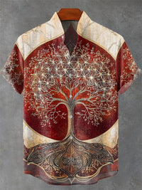 Men's Short Sleeve Shirt Vintage Ethnic Style Sunlight and Tree Illustration Art Snake Print Casual Linen Shirt