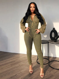 Weird Puss Washed Distressed Jumpsuit Women Ribbed V-Neck Solid SKinny Long Sleeve Fall Casual Trend Simple Activity Streetwear