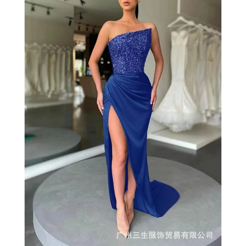 2024 Spring Summer New Green Sequined Fairy Long Sleeveless Fashion Dress Mid Evening Dress Strapless Sexy Formal