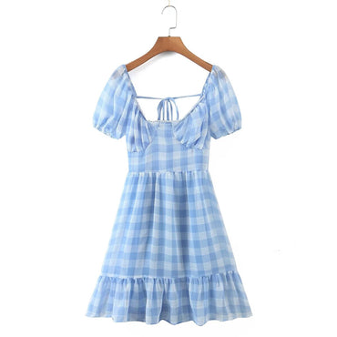 Foridol Lace Up Backless Gingham Chiffon Summer Dress Vintage A-line Puff Sleeve Plaid Short Dress Chic Blue Holiday Dress 2023