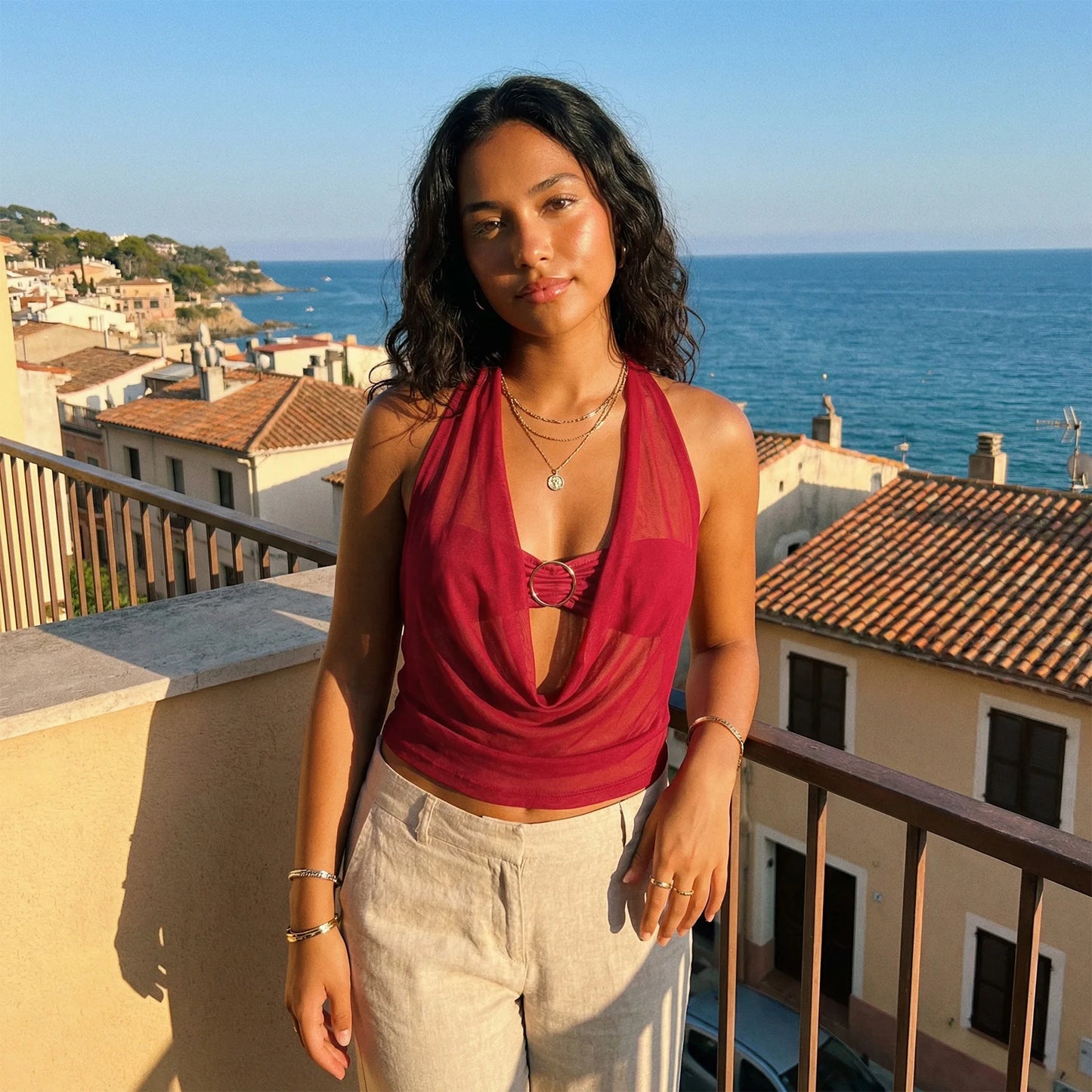Women Tank Tops and Layered Bandeau Set Solid Color Metal Circle Cowl Neck Casual Vests Summer Sleeveless T-Shirts Streetwear
