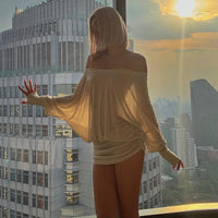 2000S Spring Summer Womens Fashion Tideway Solid Color Skirt Casual Party Clubwear Fit Long Sexy Sleeve Off Shoulder Short Dress