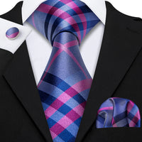 Barry.Wang Plaid Silk Men Tie Hanky Cufflinks Set Checked Jacquard Necktie for Male Formal Casual Wedding Business Party Events