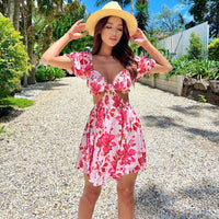 Vacation Sexy Dress Women Short Sleeve Hollow Sweet Floral Print Backless Dress Luw Cut Summer Cut A-line Dress