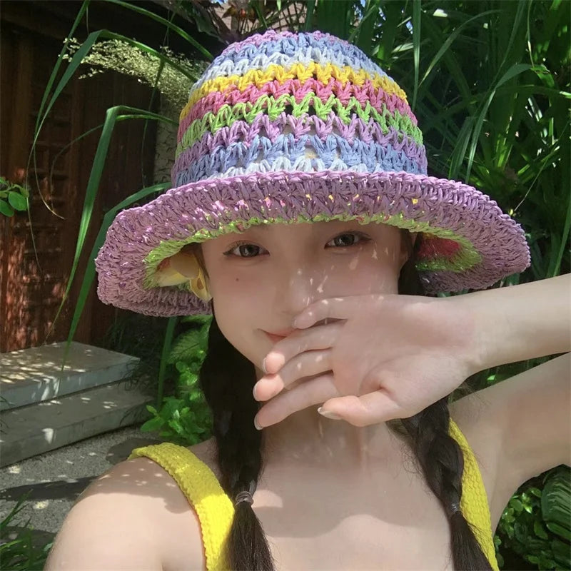 Women's Foldable Straw Hat Summer Outdoor Beach Travel Fisherman Hat Sunscreen UV Protection Sunhat Wide Brim Panama Bucket Caps