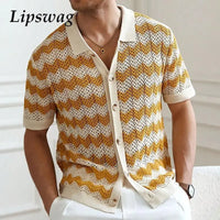 Mens Beach Vintage Striped Crochet Knit Cardigans Men Summer Trendy Lapel Button-up Shirt New Casual Hollow Out Knitted Shirts