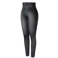 Women Jeggings Faux Denim Jeans Leggings High Waisted Tummy Control Slim Leggins Printed Pencil Pants Seamless Skinny Trousers