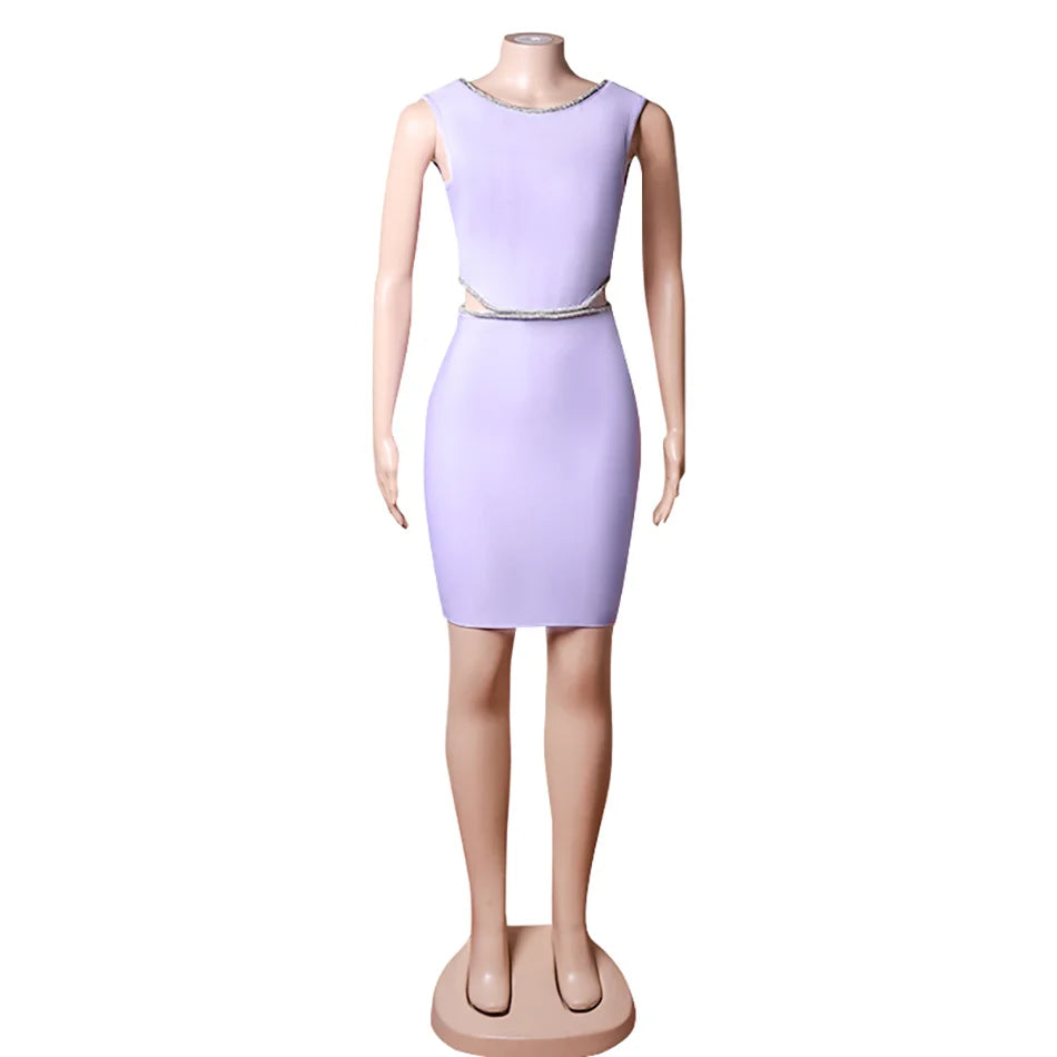 Diamond Round Neck Backless Bandage Dress Sleeveless Sexy Waist Cut Out Mini Bodycon Wire-line Drilling Summer Clubwear