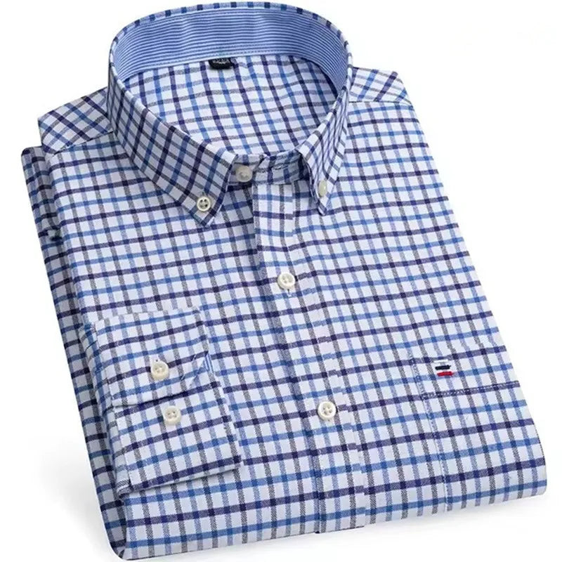 Men's Versatile Casual Checkered Oxford Cotton Shirts Single Pocket Long Sleeve Standard-fit Button Down Gingham Striped 7XL 6XL