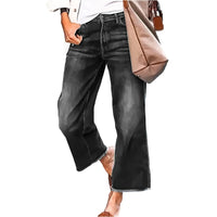 Wide-Leg Jeans For Women Washed Blue With Raw Edges Loose Fit Retro Trousers Lazy Style Trendy Trousers Daily Casual Wear