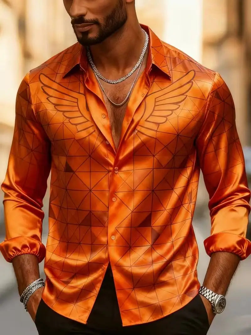 New Orange Bottom Geometric Diamond Wings Printed Men's Long Sleeve Shirt with Collar and Satin Shirt Clothing