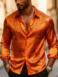 New Orange Bottom Geometric Diamond Wings Printed Men's Long Sleeve Shirt with Collar and Satin Shirt Clothing