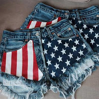 Denim Shorts Women Jeans Knee Length Pentagram Print Tassels Mid Waist Washed Distressed 2025 Streetwear Summer Short Pants