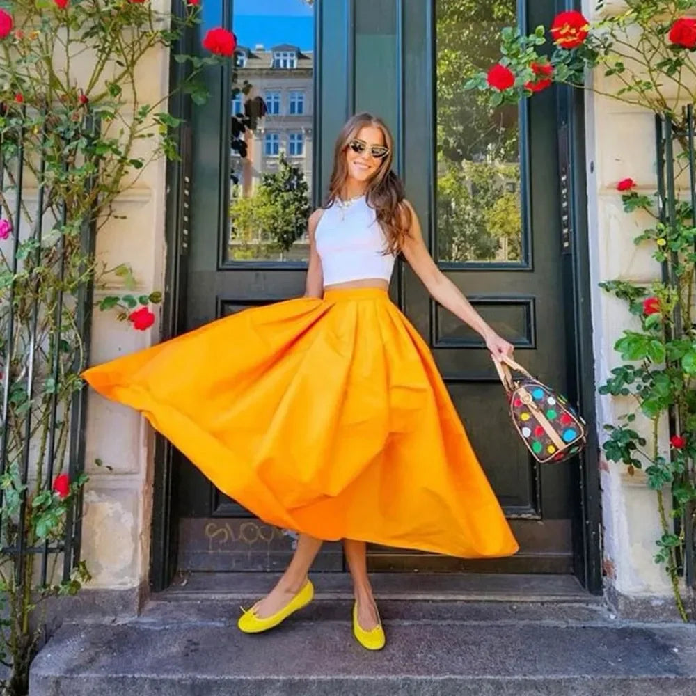 Fashion Streetwear Orange Tea Length Skirts Formal Evening Party Skirt Wasitband Photoshoot Maxi Skirt Without Top Customized