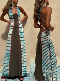 Sexy Hollow Tie-up Backless Vacation Dress Women Print U-Neck Package Hip Slim Party Dresses Casual Sleeveless Female Vestidos
