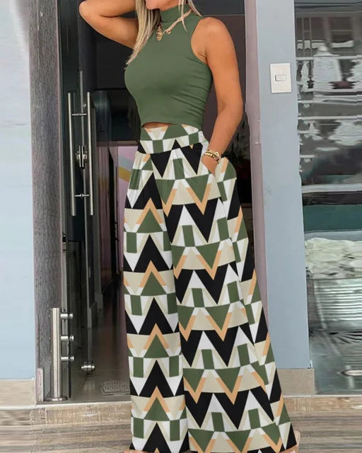2026 Summer Fashion Printing Two Piece Set Women Casual Solid Sleeveless Tank Top Wide Leg Pants Two Piece Set Women