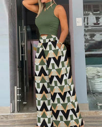2026 Summer Fashion Printing Two Piece Set Women Casual Solid Sleeveless Tank Top Wide Leg Pants Two Piece Set Women