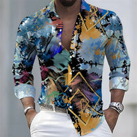 American retro patchwork print men's long-sleeved shirt, casual spring and autumn turn-down collar cardigan, plus size men's top