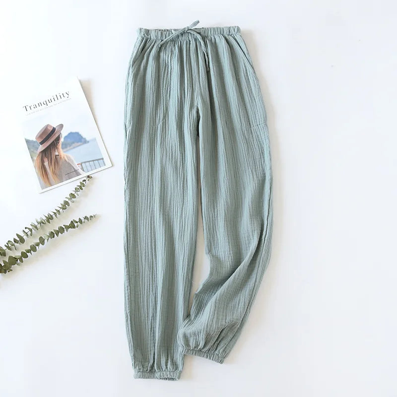 Japanese-style New Spring And Summer Women's Trousers 100% Cotton Crepe Cloth Large Size Color Tie Pants Casual Pants Home Pants