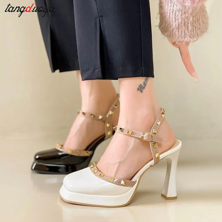 rivet platform heels sandals Mary Jane Shoes Buckle Pumps Women Elegant Shallow Square Toe Footwear Outdoor Lady Shoes white