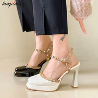 rivet platform heels sandals Mary Jane Shoes Buckle Pumps Women Elegant Shallow Square Toe Footwear Outdoor Lady Shoes white