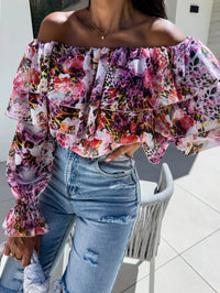 Women's Off Shoulder Floral Print Blouse with Tiered Ruffles and Long Bell Sleeves for Summer Party Wear