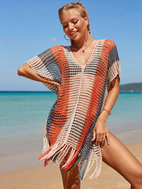 Rainbow Crochet Dress Knit Beach Cover Up Short Sleeve Tassel Tunic Women Fashion 2022 New Beachwear Swimsuits 5 Colors