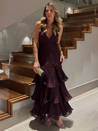 Elegant Solid Ruffled Sling Dress for Women Fashion Sleeveless Backless Party Maxi Dresses 2025 New Female Vacation Robes Street