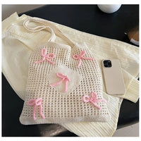 Ladies Beach Bags Vintage Hollow Bow Design Woven Shoulder Handbag Knitting Large Capacity Handbags Summer Travel Shopper Tote