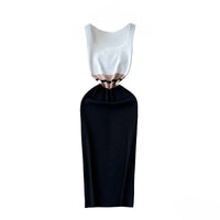 Women's White Black Patchwork Block Square Neck Sleeveless Stretchy Knit Bodycon Midi Dress Elegant Summer Daily Party Dress