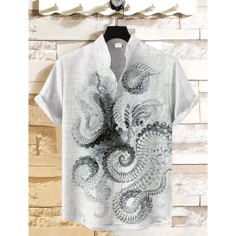 2025 3D Printed Linen Shirt Summer Casual Men's Button Short Sleeved Top Street Fashion Retro Shirt Roupa Masculina