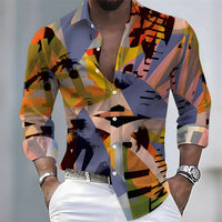 2026 Spring/Autumn New Men's Light Luxury Baroque Style Long-Sleeved Shirt with Color-Blocked Geometric Print Lapel Cardigan