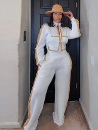 Women's Pants Set Round-Neck Tops Pearl-Trim Wide-Leg Fashion Oversized Elegant 2-Piece Outfit Spring New Fashion Woman Clothes