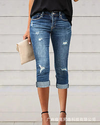 Low Waist Ripped Cutout Capris Jeans Women Sexy Slim Skinny Summer Spring Jeans Denim Pants