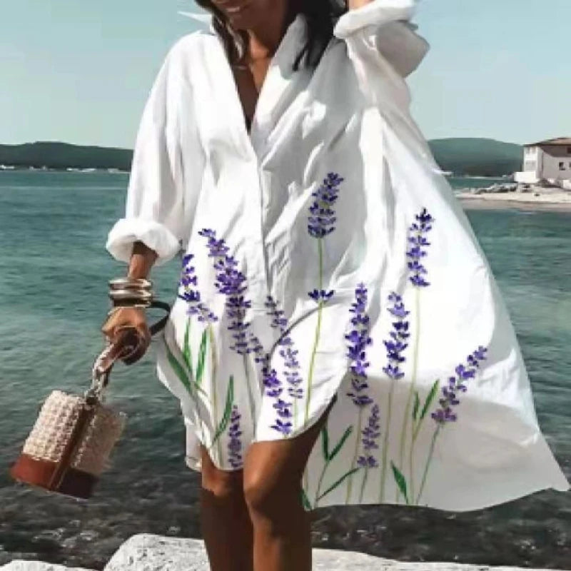 Spring Summer Women Loose Shirt Dress Casual Long Sleeve Printed V Neck Beach Shirt Dresses