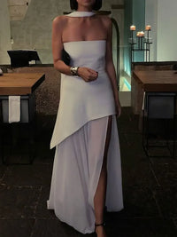 Summer New Women Dresses Streetwear Fashion Ribbon Zippers Split Maxi Dress Solid Sexy Sleeveless Strapless Lady Dress Clothing
