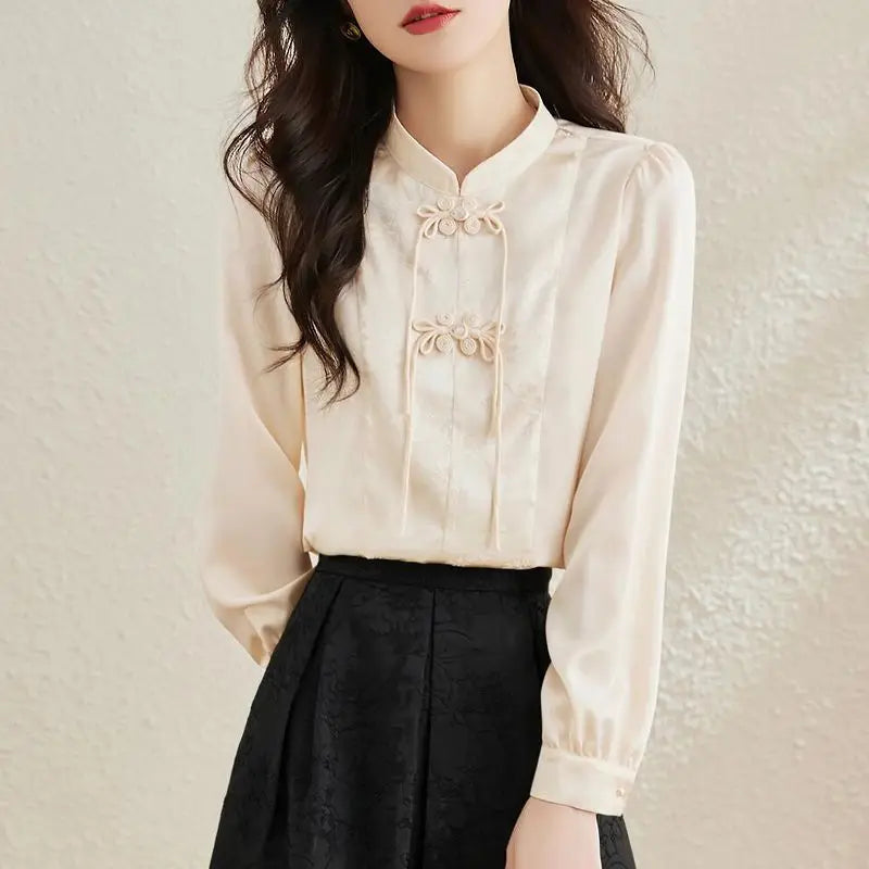 Early Spring Tops for Women Shirts for Spring Wear 2025 New French Temperament New Chinese Puff Sleeve Cardigan