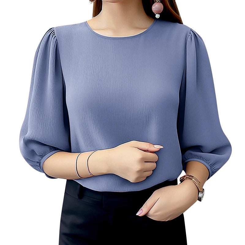 ZANZEA Women Crinkled Texture Puff Sleeve Blouse, Elegant O Neck 3/4 Sleeve Blusas Mujer, Summer Fashion Solid Color Casual Tops