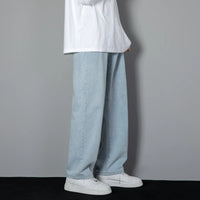 2025 New Korean Men's Casual Long Jeans Classic Man Straight Denim Wide-leg Pants Solid Color Light Blue Grey Black
