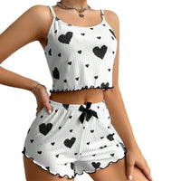 Women's Pajamas Set Summer 2PCS Sling Vest with Shorts 2026 Newly Love Heart Print Spaghetti Strap Camisole Sleepwear for Girls